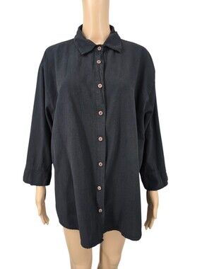 Sea Breeze Heavy Woven Cotton Black Button-Up Shirt or Shirt Jacket Schaket